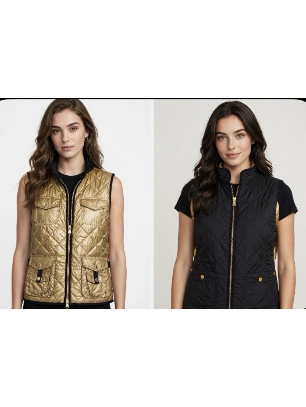 Lauren Ralph Lauren Metallic Gold Black Reversible Quilted Zip Vest Jacket